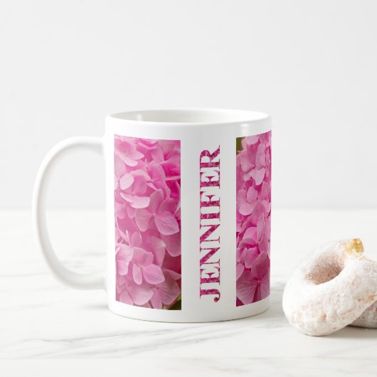 "Jennifer" Elegant Pink Hydrangea Blumenschrift Kaffeetasse (Mit Donut)