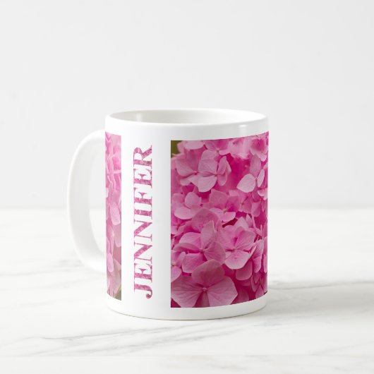 "Jennifer" Elegant Pink Hydrangea Blumenschrift Kaffeetasse (Vorderseite Links)