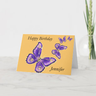 Jennifer, Happy Birthday purple butterfly card Karte