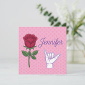 Jennifer Namensdesign mit roter Rose & Shaka-Hand Dankeskarte (Stehend Vorderseite)