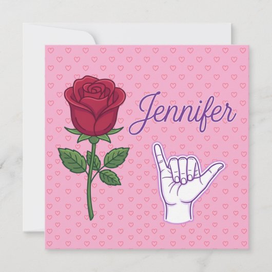 Jennifer Namensdesign mit roter Rose & Shaka-Hand Dankeskarte (Vorderseite)
