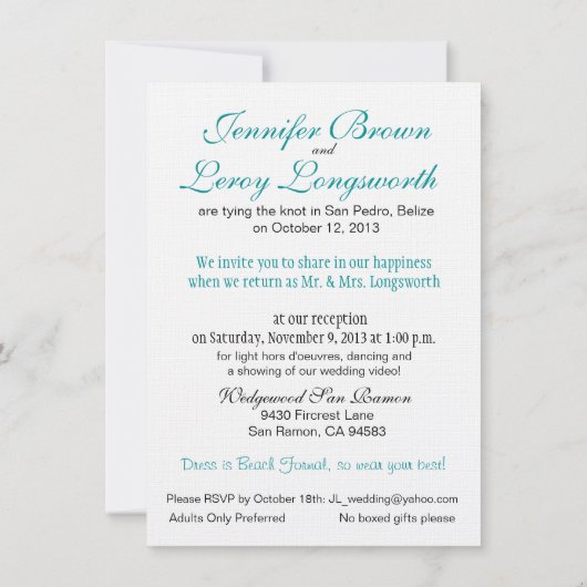 Jennifer-SMARAGD WÄSSERT Belize-Empfang (Leinen) Einladung (Rückseite)