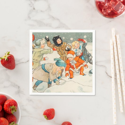 Jenny Nystrom, Kinder, die im Schnee spielen, Weih Serviette (Beispiel)