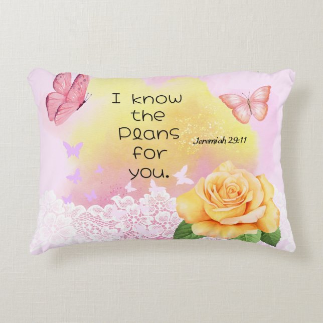Jeremiah 29:11 Bibelverse Rosa Gelber Schmetterlin Dekokissen (Vorderseite)