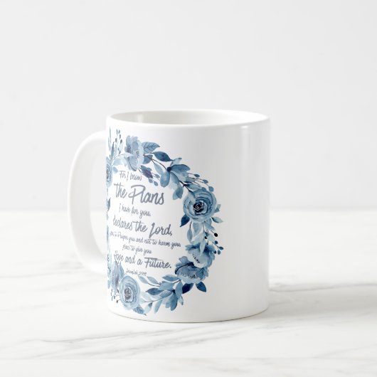 Jeremiah 29:11 Denn ich kenne die Pläne Blue Flora Kaffeetasse (Vorderseite Links)