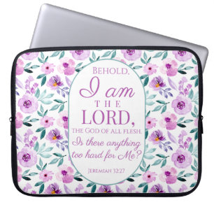 Jeremiah 32:27 Uhr mit lila Blumen Hintergrund Laptopschutzhülle