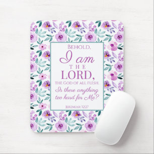 Jeremiah 32:27 Uhr mit lila Blumen Hintergrund Mousepad