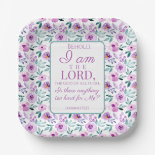 Jeremiah 32:27 Uhr mit lila Blumen Hintergrund Pappteller