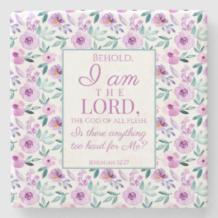 Jeremiah 32:27 Uhr mit lila Blumen Hintergrund Steinuntersetzer