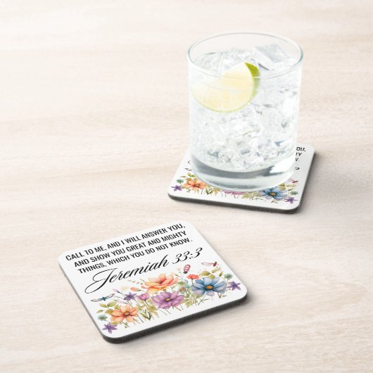 Jeremiah 33:3 Ruf mir Wildblumen Schrift an Getränkeuntersetzer (Rechte Seite)