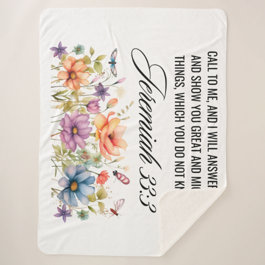 Jeremiah 33:3 Ruf mir Wildblumen Schrift an Sherpadecke (Vorderseite)
