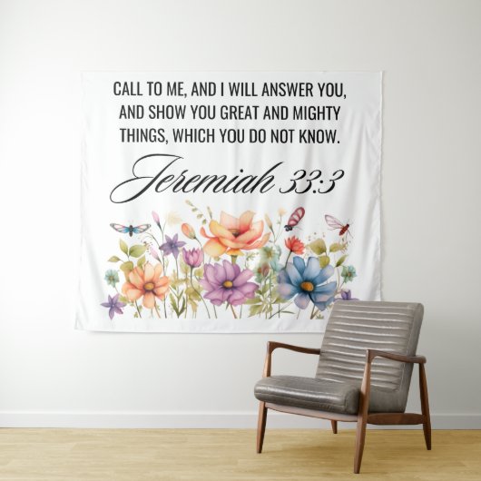Jeremiah 33:3 Ruf mir Wildblumen Schrift an Wandteppich (Beispiel (Horizontal))
