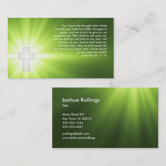 Jeremias 29; 11-14 - Religiöses Kreuz - Grün Visitenkarte (Vorne/Hinten)