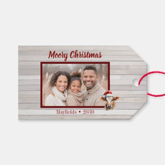 Jersey Cow, Barnholz, Foto "Moory Christmas" Geschenkanhänger (Vorderseite (Horizontal))