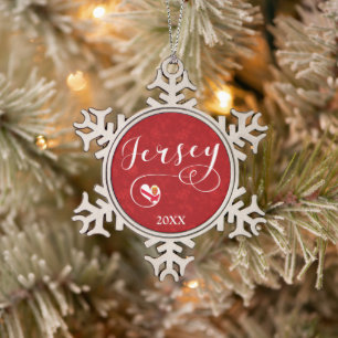 Jersey Flag Heart, Kanalinseln Schneeflocken Zinn-Ornament