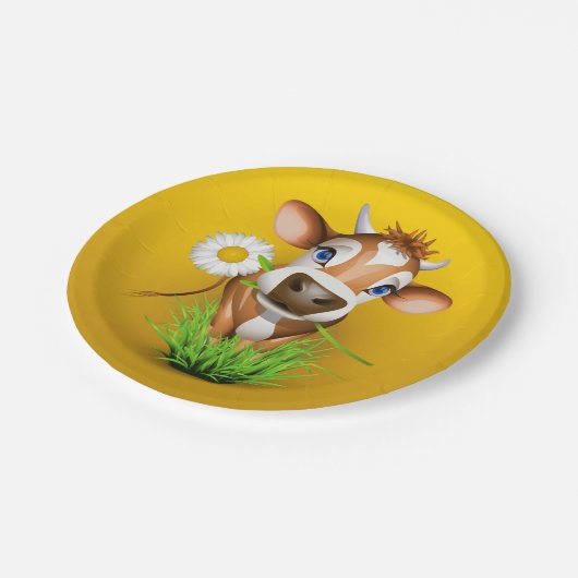 Jersey-Kuh im Gras über Gelb Pappteller (Schrägansicht)