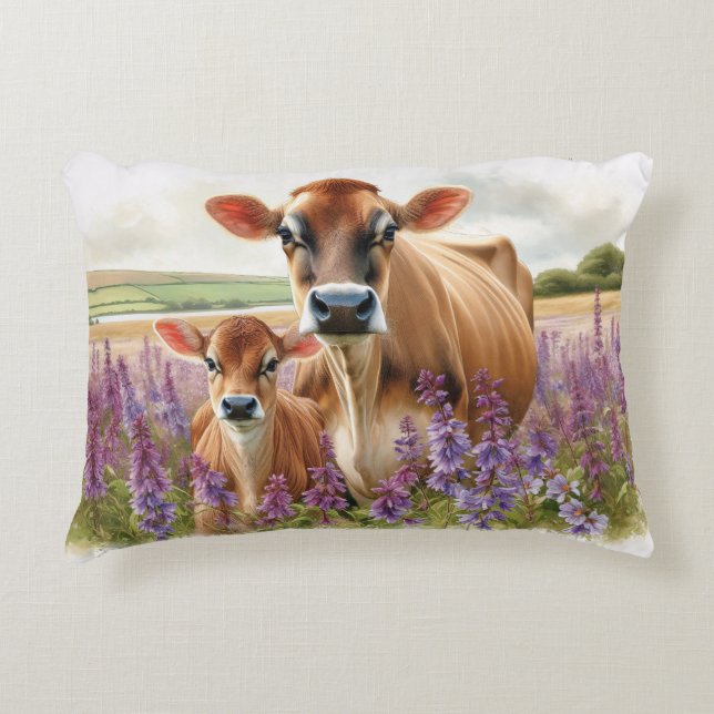 Jersey Kuh und Calf Wildblume Dekokissen (Vorderseite)