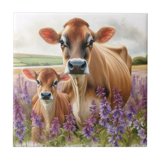Jersey Kuh und Calf Wildblume Fliese (Vorderseite)