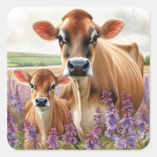 Jersey Kuh und Calf Wildblume Quadratischer Aufkleber (Vorderseite)