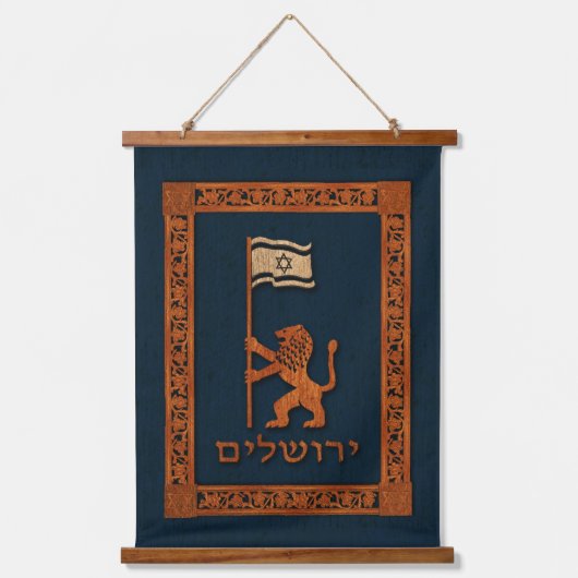 Jerusalem Day Löwe mit Fahne Wandteppich Mit Holzrahmen (Vorderseite)