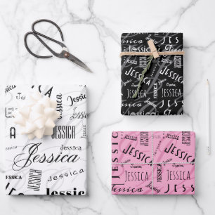 Jessica Benutzerdefinierter Name Pink Schwarz Weiß Geschenkpapier Set