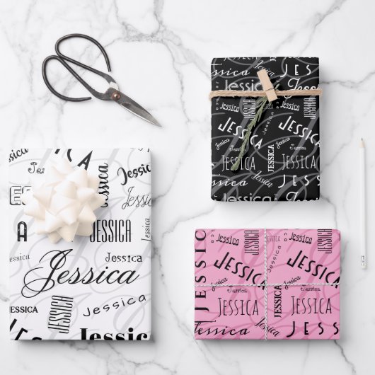 Jessica Custom Name Pink Black White Geschenkpapier Set (Vorderseite)