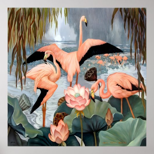 Jessie Arms Botke - Flamingos und Lotus Poster (Vorne)