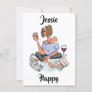 Jessie glücklich mit Handy, Wein und Katzenkarte Einladung