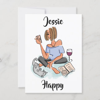 Jessie glücklich mit Handy, Wein und Katzenkarte Einladung
