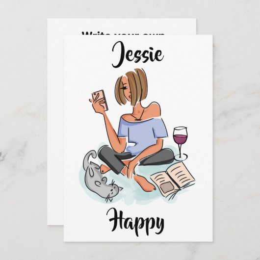 Jessie Happy with Cell, Wine and Cat Card Einladung (Vorne/Hinten)