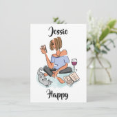 Jessie Happy with Cell, Wine and Cat Card Einladung (Stehend Vorderseite)