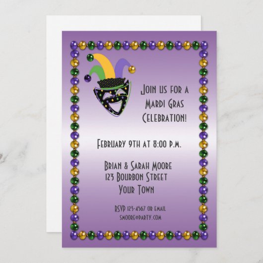 Jester, Beads, Mardi Gras Party Einladung (Vorne/Hinten)