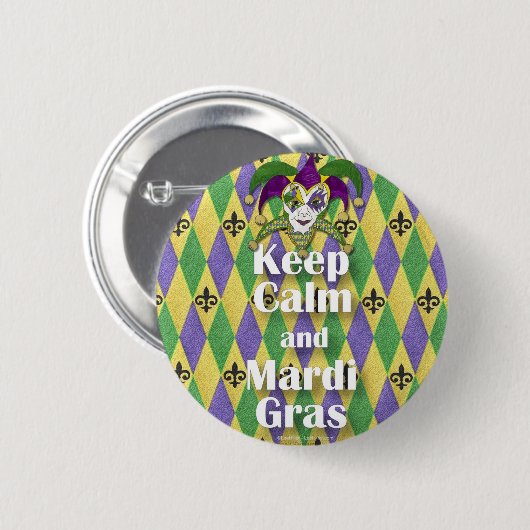 Jester Mask Behielt Calm und Mardi Gras Button (Vorne & Hinten)