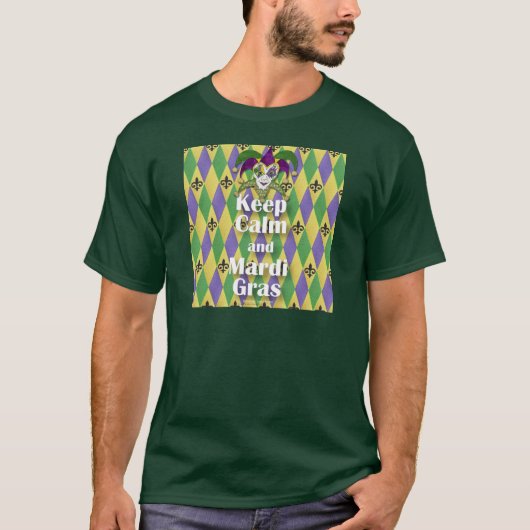 Jester Mask Behielt Calm und Mardi Gras T-Shirt (Vorderseite)
