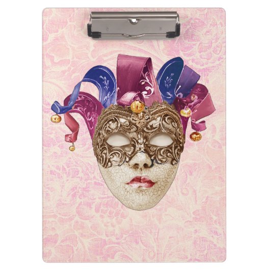 Jester Porcelain Mask mit Ribbons und Bells Klemmbrett (Vorderseite)