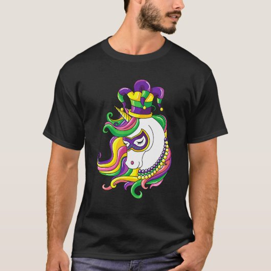 Jester Rainbow Unicorn Mardi Gras Mask Costume T-Shirt (Vorderseite)