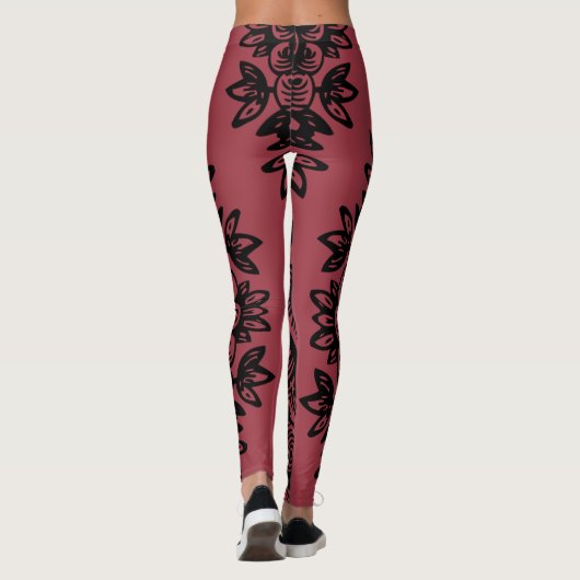 Jester Red mit Black Damask Muster Athletic Leggings (Rückseite)