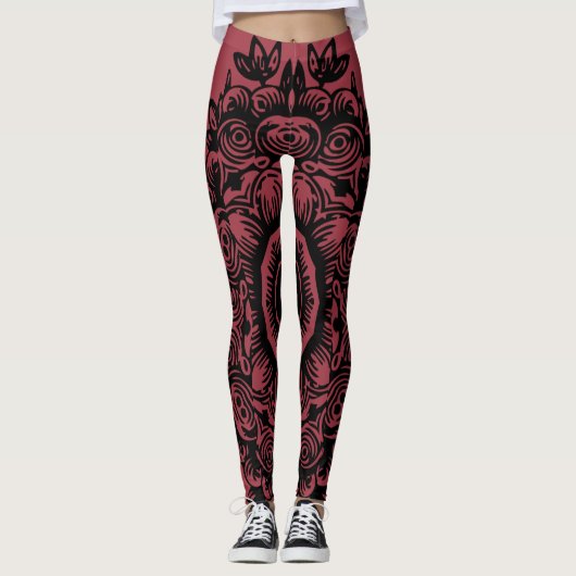 Jester Red mit Black Damask Muster Athletic Leggings (Vorderseite)