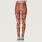 Jester Red mit Gold Damask Muster Athletic Leggings (Vorderseite)