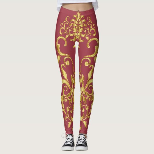 Jester Red mit Gold Damask Muster Athletic Leggings (Vorderseite)