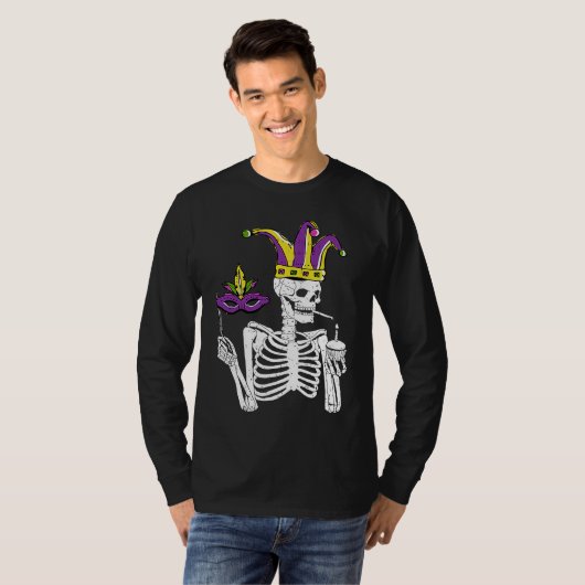 Jester Skeleton Masquerade Party Mardi Gras Mask C T-Shirt (Vorne ganz)