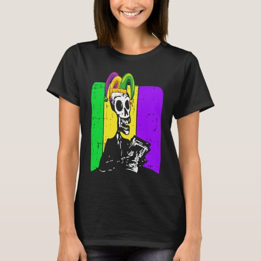 Jester Skeleton Reading Book Mardi Gras Reader Boo T-Shirt (Vorderseite)