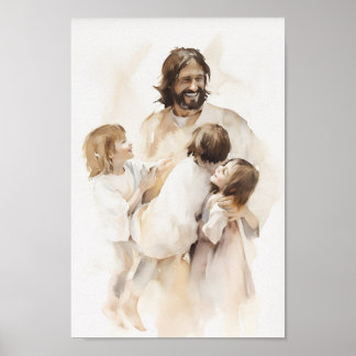Jesu Spiel mit Kindern Aquarell Kunst drucken Poster
