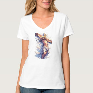 Jesus am Kreuz Christliches Damen-V-Ausschnitt-Top T-Shirt
