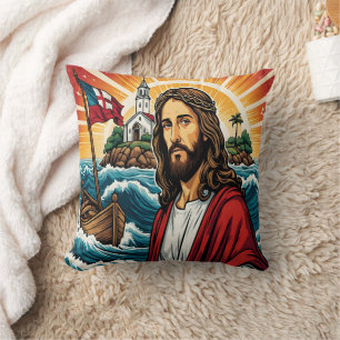Jesus am Meer stehend mit einem Boot bei Sonnenunt Kissen