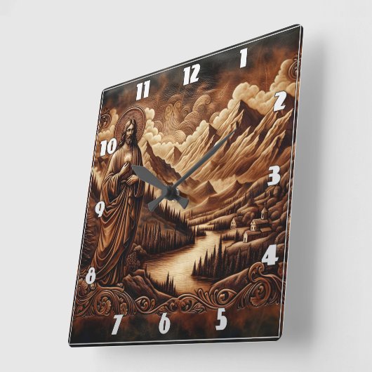 Jesus AmidMountains und Flusslandschaft Quadratische Wanduhr (Winkel)