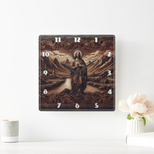Jesus Amidt Berglandschaft bei Dämmerung Quadratische Wanduhr (Zuhause)
