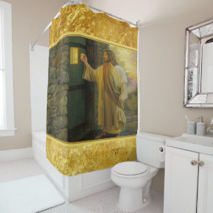 Jesus an deiner Tür mit einem Goldfoliendesign Duschvorhang