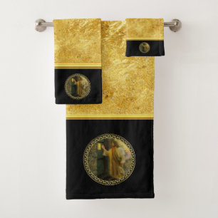 Jesus an Ihrer Tür in der Goldfolie und -SCHWARZE Badhandtuch Set