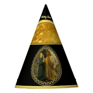 Jesus an Ihrer Tür in der Goldfolie und -SCHWARZEN Partyhütchen